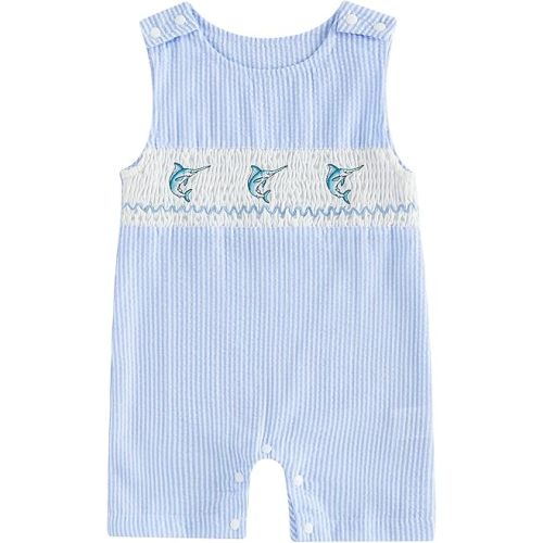 Newborn Baby Boys Sleeveless Seersucker Romper One Piece Straps Overalls Striped Jumpsuit Summer Smocked Clothes