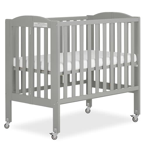 Dream On Me 2-in-1 Folding Portable Compact Mini Baby Crib in Cool Grey, GreenGuard Gold & BSA, US Patented Flat Folding System, Locking Wheels, 1″ Mattress Pad, Space-Saving Quck Fold Easy Storage