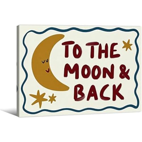 Funny Cute Moon And Stars Wall Art 08x10 inch Wood Framed Whimsical Kids Poster To The Moon Back Quotes Prints Retro Mid Century Wall Decor Nursery Room
