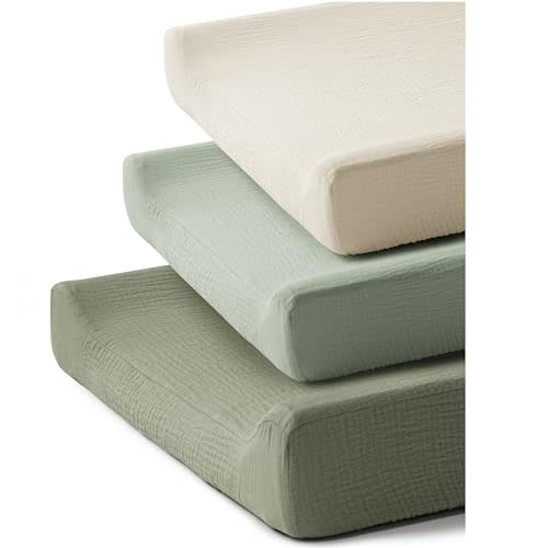 Coreeky 3 Pack Muslin Changing Pad Covers for Girl Boy, 100% Soft Cotton Changing Table Cover, Breathable Baby Nursery Diaper Chang Pad Sheets (Pistachio)