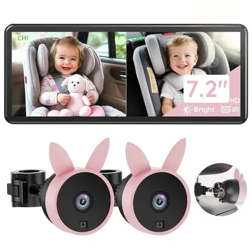BV3PRO 7.2" 1080P HD Dual Camera Car Baby Monitor for 2 Kids, IR Night Vision, Easy Installation, Brightness Adjustment, Car Seat Camera, Ideal Gift for Girls and Pets Monitoring