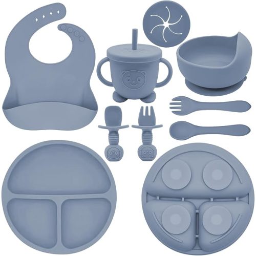 Silicone Baby Feeding Set | Baby Led Weaning Supplies Includes Suction Bowls and Divided Plates, Adjustable Bib, Baby Utensils Spoons and Forks,Cup | Baby Feeding Essentials (Blue Gray)