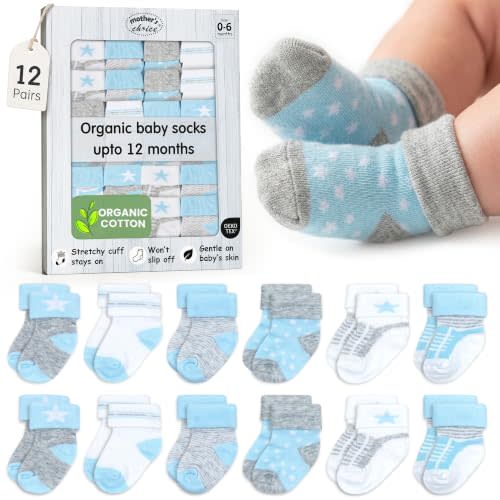 Organic Cotton Blend 12 Socks Baby Infant 0-6 M Shower Registry | Oeko-Tex Certified, Ankle Socks, 12 Pairs, Baby Socks Newborn, Newborn Socks Girl, Blue- Grey- White Socks, Unisex Design