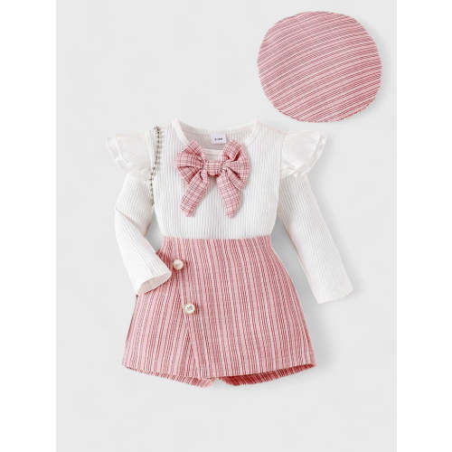 3 Pcs Baby Girl Skorts With Ribbed Bow Shirt and Beret