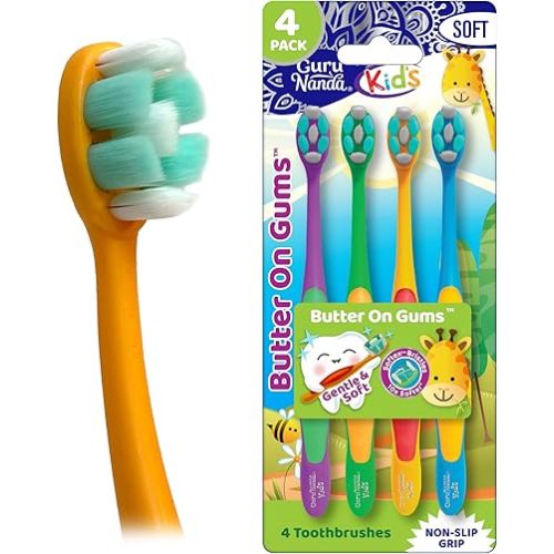 GuruNanda Kids Toothbrush with Suction Cup & Fun Animal Designs - Soft Bristles for Healthy Gums- Non-Slippery & Mess-Free Toothbrush, 3+ Age- 4 Count