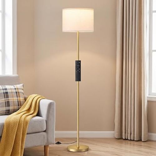 Ambimall Dimmable Floor Lamp for Living Room with Remote, 9W 900LM LED Bulb Included, Beige Shade Gold Pole