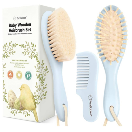 Baby Hair Brush and Comb Set for Newborn - Wooden Baby Hair Brush Set with Soft Goat Bristle, Baby Brush Set for Newborns, Baby Brush and Comb Set Girl, Boy, Toddler Cradle Cap Brush (Oval, Frost)