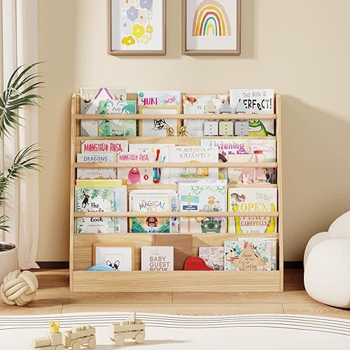 Lkeiyay Kids Bookshelf, Wooden 4 Tier Book Display Shelf (Natural)