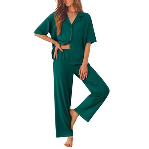 Ekouaer Women Pajamas Set Button Down Sleepwear Short Sleeve Pjs Soft Comfy Nightwear with Long Pants S-XXL