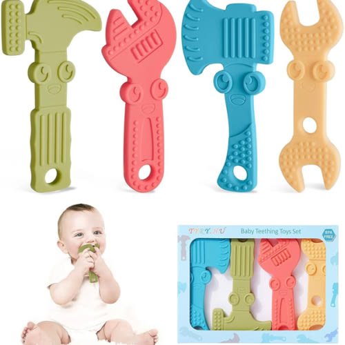 TYRY.HU Baby Teething Toys for Babies 0-6 Months 6-12 Months, BPA Free Silicone Baby Molar Teether Chew Toys, Hammer Wrench Spanner Pliers for Boys Girls, Soft-Textured, Easy to Hold & Clean, 4 Packs