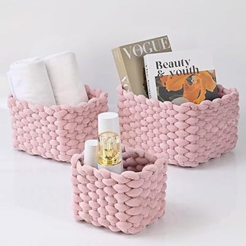 hand-knitted velvet rope storage basket set of 3 - soft cotton rope desktop cosmetics organizer box - nesting multi-functional storage basket (pink)