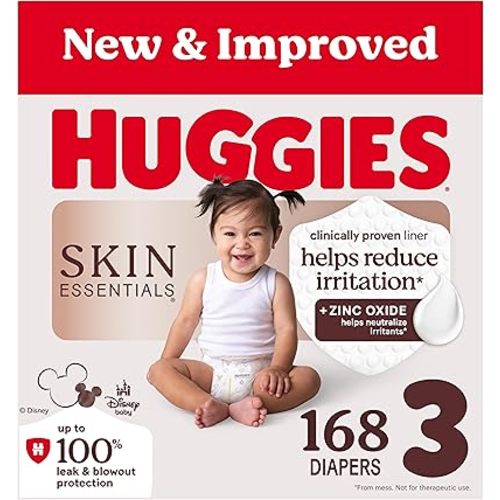 Huggies Size 3 Diapers, Skin Essentials Baby Diapers, Size 3 (16-28 lbs), 168 Count (3 Packs of 56), Packaging May Vary