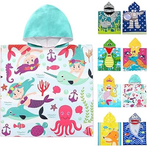 Cute Animal Hooded Beach Towel, Microfiber Bath Towels For Kids Toddler Infant Boy Girl, Animal Towels For Bath Pool Swim Swimwear Summer Beach Cartoon Shower Gifts (24x24 Inch, Marine Animal)