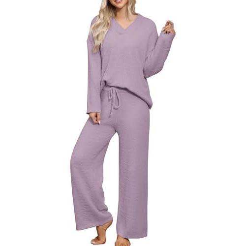 HNG Lounge Sets for Women Two Piece Outfits Fuzzy Fleece Pajama Set Long Sleeve Pullover Sweater Top and Wide Leg Pants