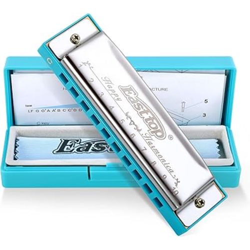 East top Harmonica, Diatonic 10 Holes C Key, Blues, for Beginner, Kids, Children, Students, Gift, with Case, Clean Cloth and Manual