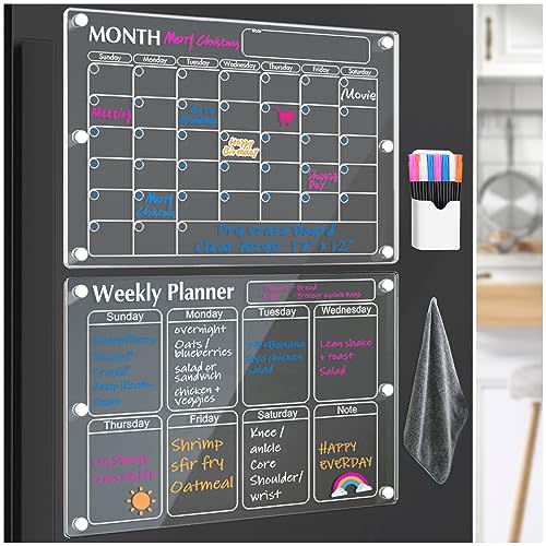 Vignee Magnetic Acrylic Calendar for Fridge,2 Pcs Clear Dry Erase Board of Monthly & Weekly Calendar for Refrigerator Reusable Planner Board,Includes 8 Dry Erase Markers with 4 Colors(17"x12"Inches)