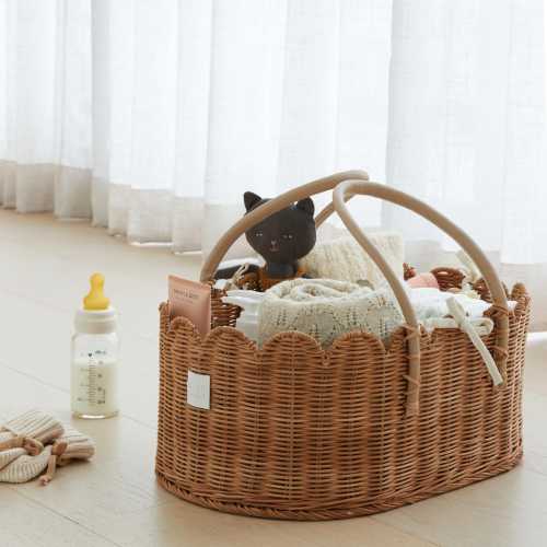 Baby Diaper Caddy Organizer Mocca- Artisan-Crafted Scalloped Rattan Basket - Luxurious  Diaper Caddy Basket - Elegant Scallop Basket