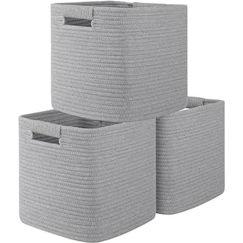 OIAHOMY Storage Cubes 11 Inch Storage Bins-3-Pack, Cotton Rope Woven Baskets for Organizing, Square Storage Baskets for Shelves Organizer, Classroom, Kids Toy Bins, Closet, Baby Nursery-Grey
