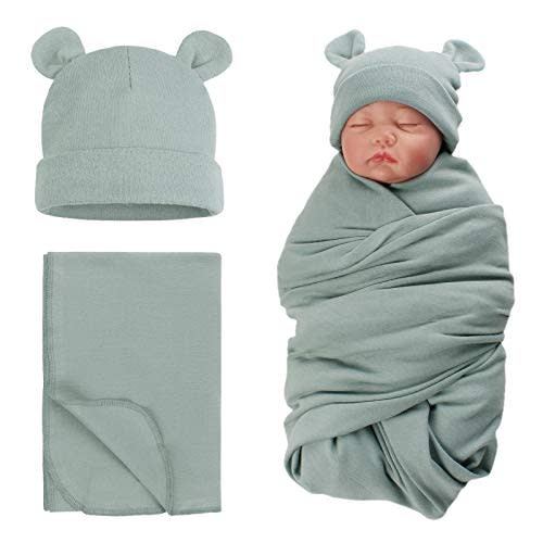PESAAT Cotton Baby Swaddle Hat Set Newborn Infant Hats Receiving Blankets for Baby Boys Girls