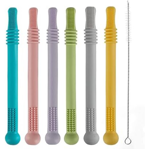 Fu Store Hollow Teether Tube, 6 Pack Chew Straw Toy for Infant Toddlers Silicone Tubes Teething Toys for Babies 3-12 Months BPA Free/Freezable/Dishwasher and Refrigerator Safe