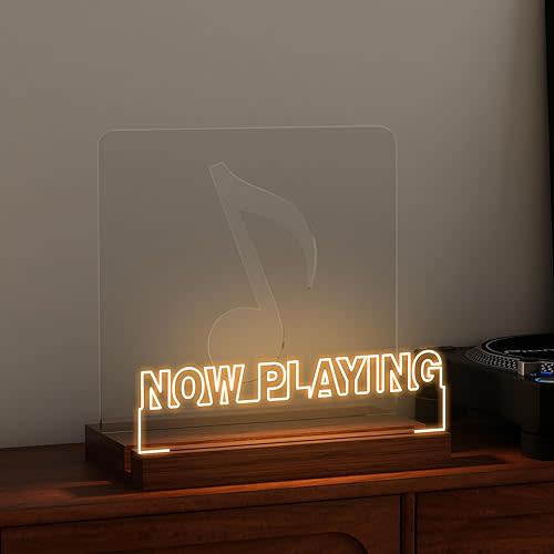 CoolGift Mart Now Playing Vinyl Record Stand, Light up Record Holder, Wooden Acrylic Display with Warm White Lights for Albums, Room Decor, for Vinyl Lovers