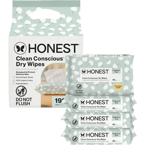 The Honest Company 100% Pure Organic Cotton Dry Wipes, Hypoallergenic, Multi-Use, Baby Facial Cloths, 192 Count