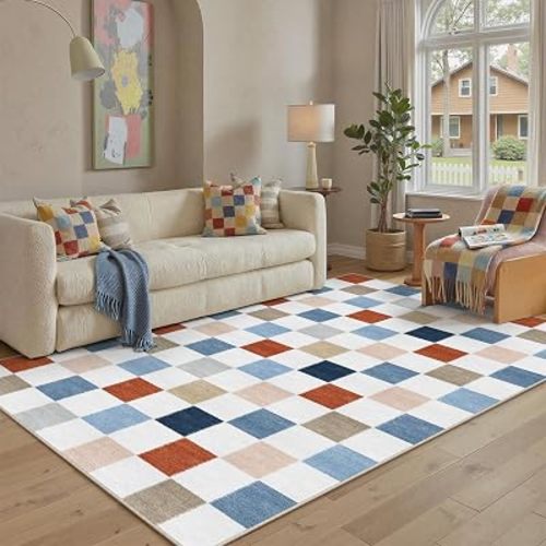 PureCozy Colorful 5x7 Washable Area Rug Kids Room Non Slip Checkered Carpet