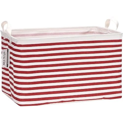 Sea Team Large Rectangle Open-Top Canvas Storage Basket, Red Stripes