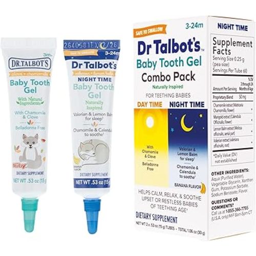 Dr. Talbot's Daytime & Night Time Baby Tooth Gel for Sore Gums - 0.53 oz Combo Pack Tubes of Teething Gel - Ages 3-24 Months - Naturally Inspired Ingredients to Soothe Sore Gums for Babies