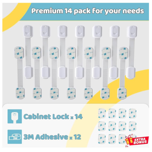 4our Kiddies Child Proof Cabinet Locks for Baby Proofing, 14 Pack Baby Proof Drawer Locks for Kids, Child Safety, Adjustable Child Locks for Cabinet and Drawers with 12 Extra 3M Adhesives, No Drilling