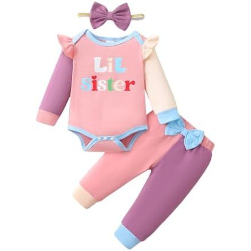 Mioglrie Baby Girl Clothes Newborn Girl Outfits Infant Color Block Pants Set with Headband 0 3 6 9 12 18 Months