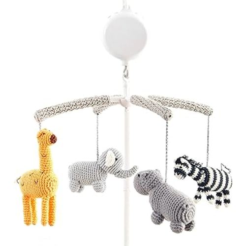 Joliecraft Woodland Safari Musical Baby Crib Mobile, Handmade Nursery Mobile Decor in White and Gray