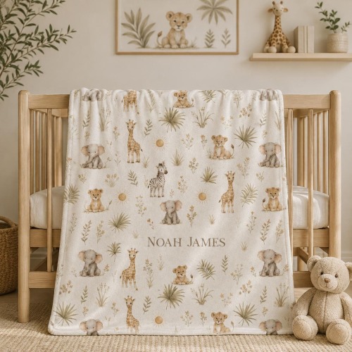 Personalized Safari Minky Blanket, Custom Name Baby Boy Blanket, Neutral Jungle Animal Toddler Blanket, Soft Nursery Gift