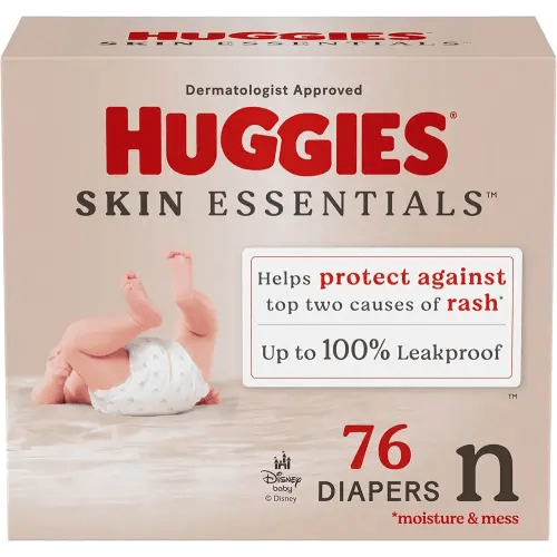 Huggies Size Newborn Diapers, Skin Essentials Baby Diapers, Size Newborn (6-9 lbs), 76 Count, Packaging May Vary