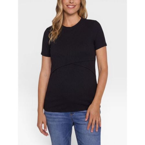 Women's Crew Neck Cross Over Nursing Maternity Short Sleeve Top - Black - Size: Medium - Motherhood Maternity