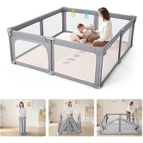 Baby Playpen Portable, Pre-Assembled Play Pen 71x79 Large Foldable Playpen for Babies and Toddlers, Sturdy and Safe Toddler Play Yard Indoor Outdoor with Carry Bag,Light Grey