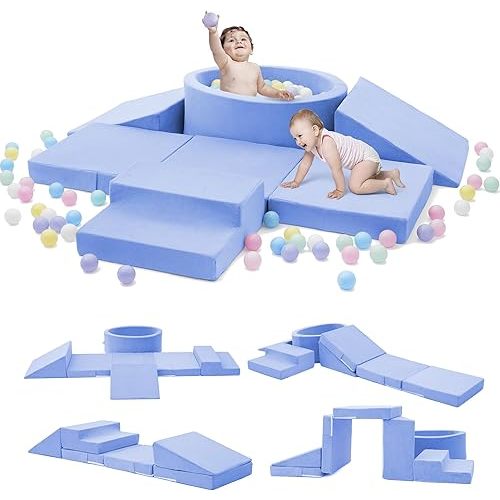 Foam Climbing Blocks with Ball Pit & Stairs for Toddlers Aged 1-3 -Soft Playset for Indoor Crawling, Foam Playground Set for Baby to Active Playing Inside -(Balls NOT Included),Light Blue