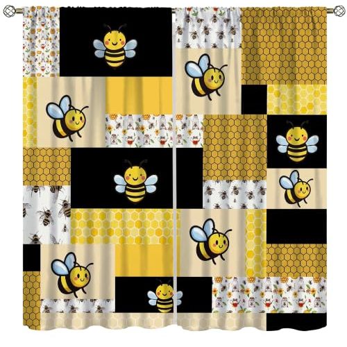 Cartoon Yellow Bee Curtain Sweet Honey Honeycomb Bee Kids Boys Girls Geometric Lattice Plaid Cute Bee Printed Rod Pocket Window Drapes for Bedroom Living Room Decor 42" W X 45" L