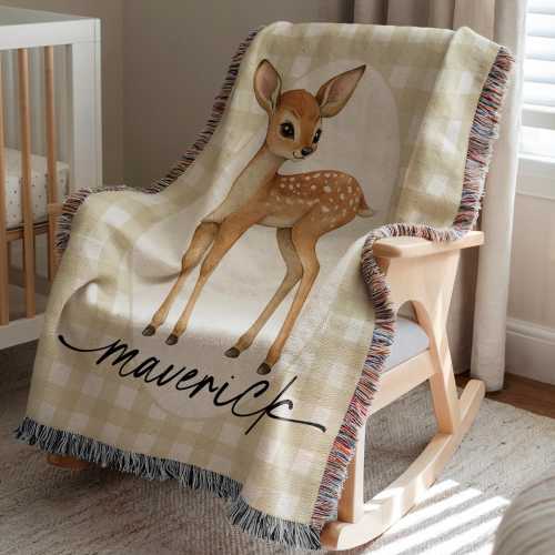 Personalized Baby Deer Blanket Cute Deer Woven Blanket Custom Baby Name Blanket Baby Shower Gift Deer Nursery Decor Throw Woodland Blanket