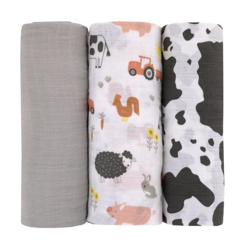 Parent's Choice Muslin Swaddle 3-Pack, 100% Cotton, Farm Animals