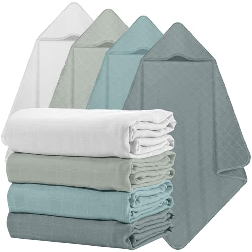 Preboun 4 Pcs Muslin Hooded Baby Towels,32"x 32" Cotton Newborn Bath Towel Muslin Infant Baby Blankets Absorbent Unisex Newborn Registry Gift for Girls Boys(Green Series)