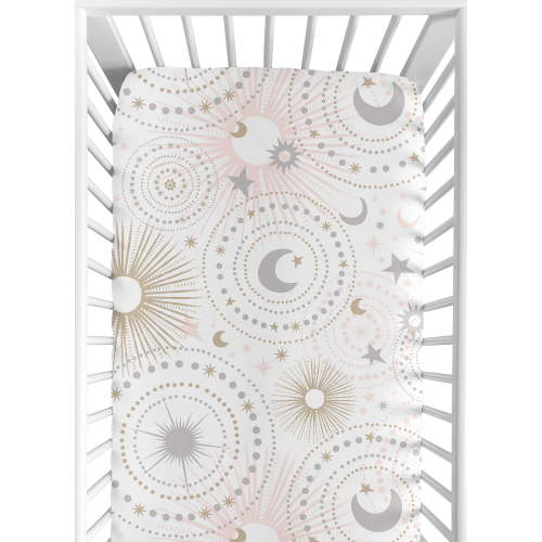Blush Pink, Gold, Grey and White Star and Moon Baby or Toddler Fitted Crib Sheet for Celestial Collection by Sweet Jojo Designs
