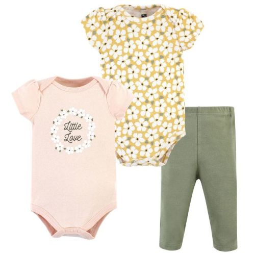 Hudson Baby Infant Girl Cotton Bodysuit and Pant Set, Sage Floral Wreath, 0-3 Months