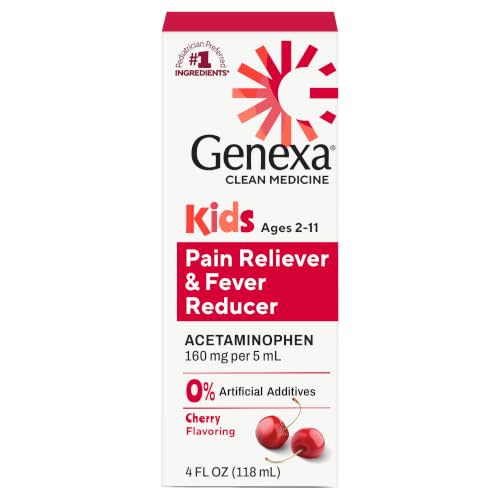 Genexa Children's Acetaminophen Made Clean, Fever Reducer for Kids, 4 fl oz | Pediatrician Preferred Ingredients, Dye Free, 0% Artificial Additives, Pain & Fever Reducer, 160mg/5mL, Ages 2-11, Cherry