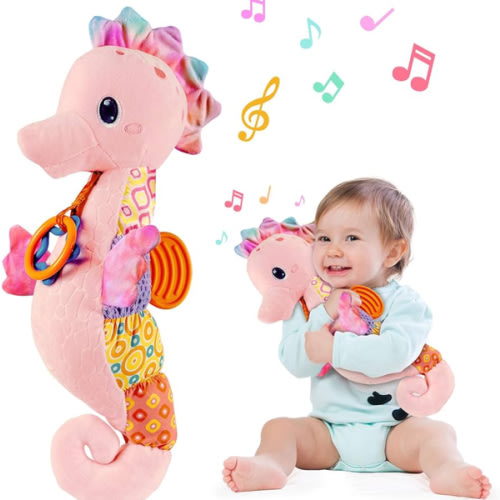 Fuzqq Baby Girl Toys 0-6 Months,Musical Stuffed Animal Plush Toy with Rattle,Soft Newborn Toy for 0 3 6 9 12 Months Girls,Baby Girl Gift,Pink
