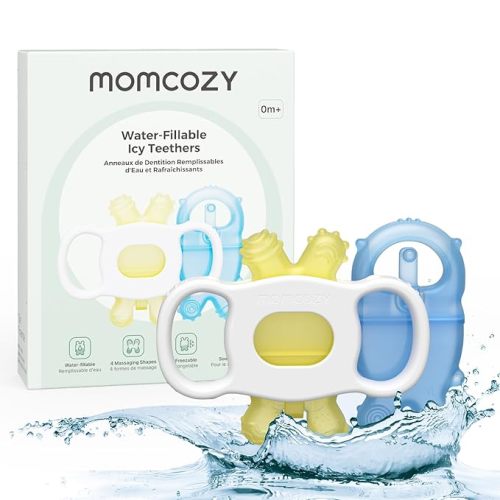 Momcozy Baby Teether Toys, Water Fillable Silicone Cold Teether, Baby Teething Toys Chill Teether, Baby Toys for Teething Relief 0-12 Months, Blue and Yellow 2 Pcs