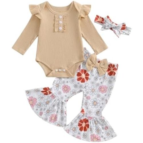 MERSARIPHY Newborn Baby Girl Clothes Rib Knit Ruffle Romper Bodysuit Bell-Bottom Pant Set Western Infant Fall Winter Outfits