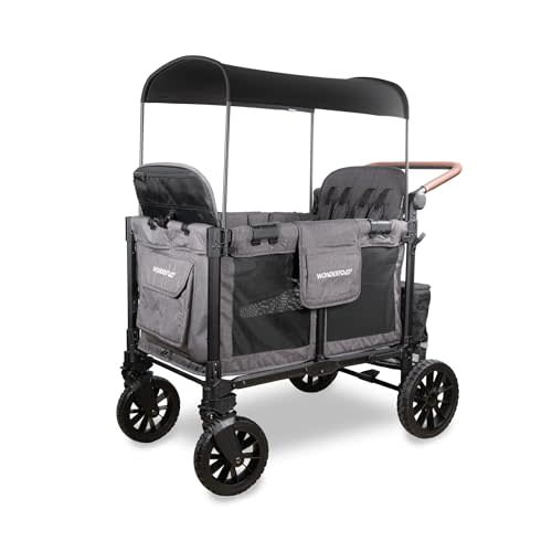 WONDERFOLD W4 Luxe Pro Stroller Wagon (4 Seater) - Collapsible Wagon Stroller with Seats Featuring 5-Point Safety Harnesses and Adjustable Sun Canopy, Charcoal Gray