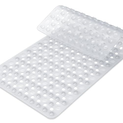 Yimobra Bath Tub Mat Non Slip, 34.5"X15.5" Long Shower Mat, Machine Washable Bathmat with Drain Holes and Suction Cups, Soft on Feet, Bathroom Essentials, Clear