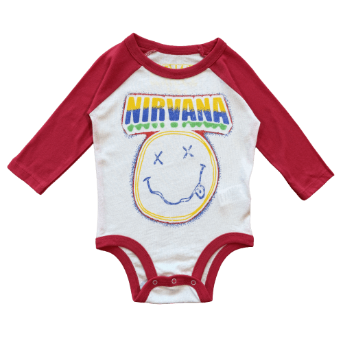 Nirvana Retro Smiley Red Recycled Raglan Onesie